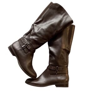 Style Co Womens Brown Faux Leather Riding Boots Buckle Detail Side Zip Size 5M